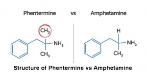 molecular structure of phentermine vs amphetamine