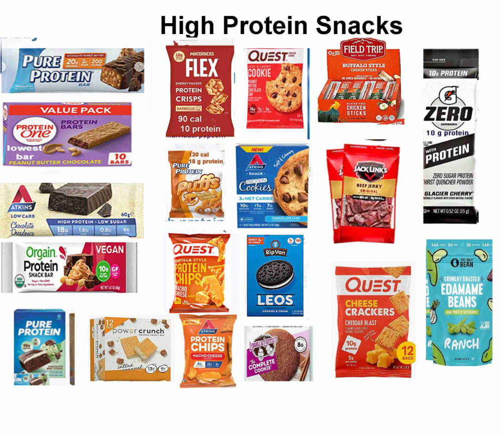 A collage of high protein snacks including protein bars, chips, cookies, and crackers with visible brand names like Quest, Pure Protein, and Field Trip. The image emphasizes snacks that are high in protein and low in carbs, all very portable.