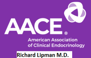 Logo of the American Association of Clinical Endocrinology (AACE) in white on a purple background, with the name Richard Lipman M.D. displayed below it. The logo features an abstract design symbolizing unity and health.