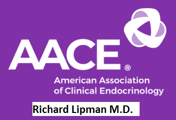 Logo of the American Association of Clinical Endocrinology (AACE) in white on a purple background, with the name Richard Lipman M.D. displayed below it. The logo features an abstract design symbolizing unity and health.