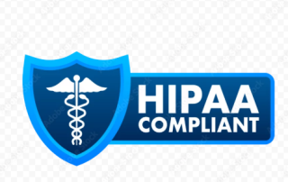 A blue shield emblem featuring a caduceus symbol and the text "HIPAA COMPLIANT" in bold white letters, indicating compliance with health information privacy standards relevant for healthcare providers, including endocrinologists.