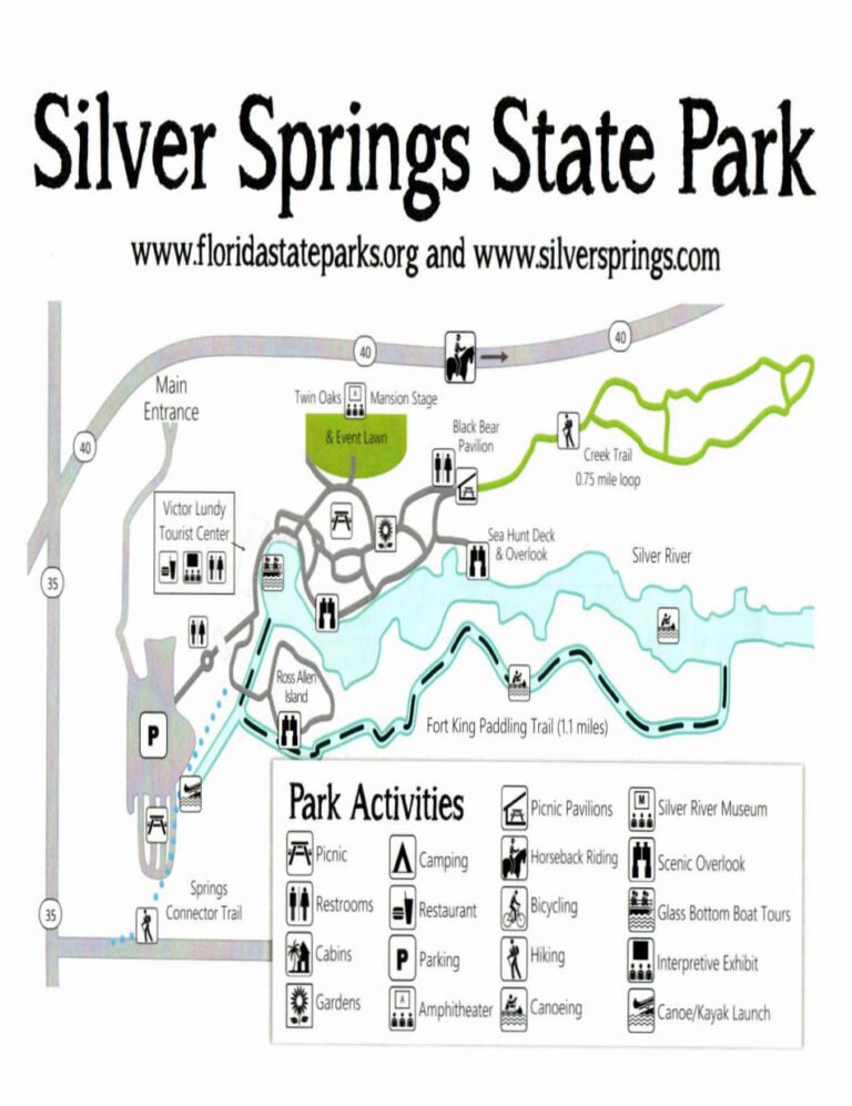 A detailed map of Silver Springs State Park showing main features, trails, picnic areas, and activities. Key locations include the Silver River, pavilions, and the entrance. This map provides a visitor overview in Pembroke Pines, FL.