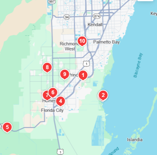 A map highlighting locations in the Cutler Bay and Homestead areas of Florida. Red markers indicate specific points of interest, including numbers ranging from 1 to 10, with visible city names like Florida City. The layout shows surrounding geographical features.
