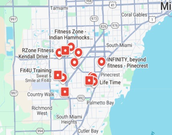 A detailed map of fitness centers in Kendall, FL, including locations like RZone Fitness, Fit4U Training, and INFINITY. The map highlights various gyms with red markers, indicating options for individuals looking to lose weight in Kendall with Dr. Lipman's GLP-1 medications.