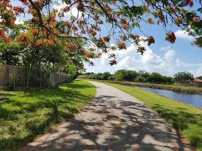 A scenic path bordered by lush greenery and vibrant red flowers, winding alongside a calm waterway under a clear blue sky. Sunlight creates dappled shadows on the walkway, inviting outdoor exploration. Ideal setting for the Dr Lipman's Semaglutide and Tirzepatide Diet in Cutler Bay/Homestead, Fl.