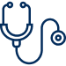 An illustration of a blue stethoscope, featuring the earpieces at the top and the chestpiece below, designed in a simplistic and modern style.