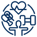 A blue icon representing health and wellness, featuring a person with raised arms inside a circular design. Surrounding are symbols of a heart, a dumbbell, and a medical cross.