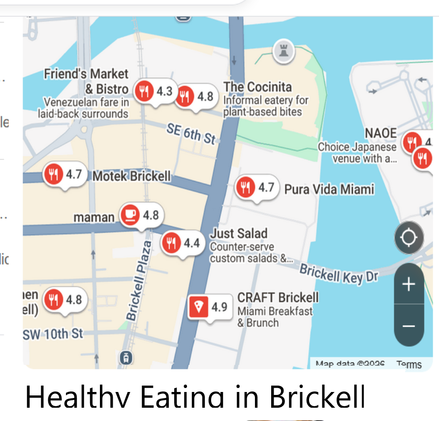A map of Brickell showing various restaurants with ratings. Locations include Friend's Market & Bistro, The Cocinita, and Just Salad, displayed with red markers and ratings ranging from 4.3 to 4.9.