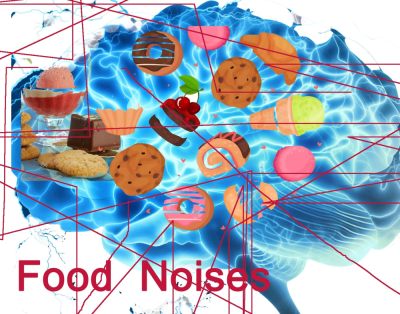 A colorful illustration of a brain surrounded by various food items such as ice cream, cookies, and candy, highlighting the concept of "Food Noises". This image relates to the elimination of food noises with GLP-1 medications, promoting long-term weight loss.