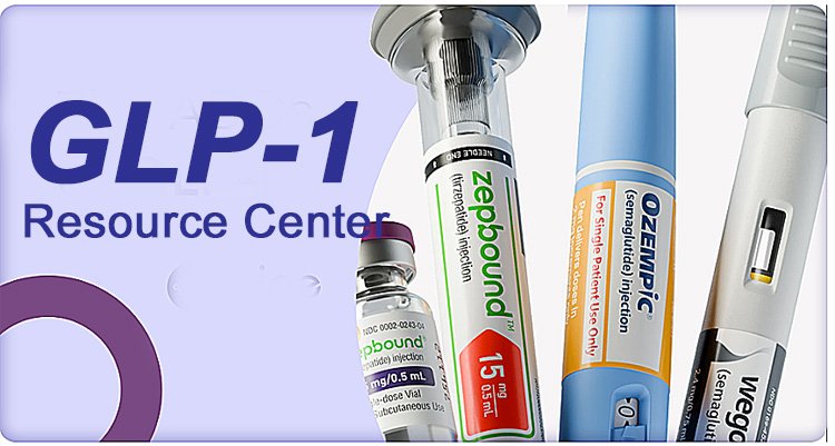 An image featuring various injection pens and vials for GLP-1 medications, including Ozempic and Zepbound, with the text "GLP-1 Resource Center" prominently displayed, highlighting resources for semaglutide/tirzepatide weight loss guides.