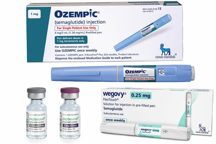 Image of Ozempic (semaglutide) injection pen and Wegovy (0.25 mg) packaging. The Ozempic pen offers a 1 mg dosage option and is displayed alongside vials for dosage. This visual supports the GLP-1 weight loss Resource Center and semaglutide/tirzepatide weight loss guide.