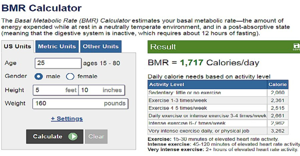 A digital BMR calculator interface displaying fields for age, gender, height, and weight. The output shows a calculated BMR of 1,717 calories/day. Fitness and health metrics guide users to assess their ideal body weight, complemented by a reminder about daily calorie needs based on activity level.