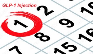 A close-up view of a calendar page showing the GLP-1 date of injection prominently featuring the number "1" circled in bright red. The text "GLP-1 Injection" is positioned in a striking font at the top left, adding emphasis to the date. The background is a standard grid with clearly defined numbers.