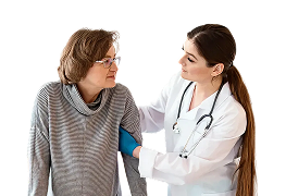 A healthcare professional in a white coat gently prepares to administer a vaccine to a middle-aged woman wearing a cozy gray sweater. The doctor, wearing blue gloves, shows a reassuring expression while the patient looks attentive and slightly anxious in a bright, clinical setting.