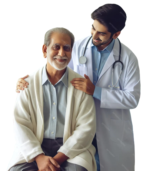 A kind-faced elderly man sits comfortably in a light sweater, his silver hair glistening softly. He smiles warmly at a younger doctor, who stands behind him gently resting a hand on his shoulder. The doctor, wearing a white coat and stethoscope, exudes care and professionalism, creating a reassuring atmosphere.