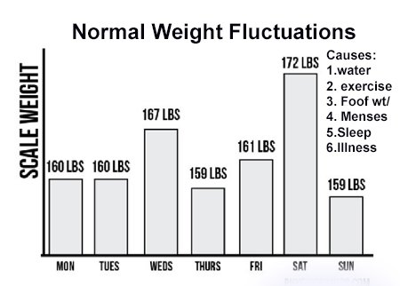 A bar graph titled 'Normal Weight Fluctuations' displays various weights throughout the week, from 160 lbs on Monday to a peak of 172 lbs on Saturday. The causes of fluctuations are listed alongside, including water retention, exercise, food intake, menses, sleep, and illness.